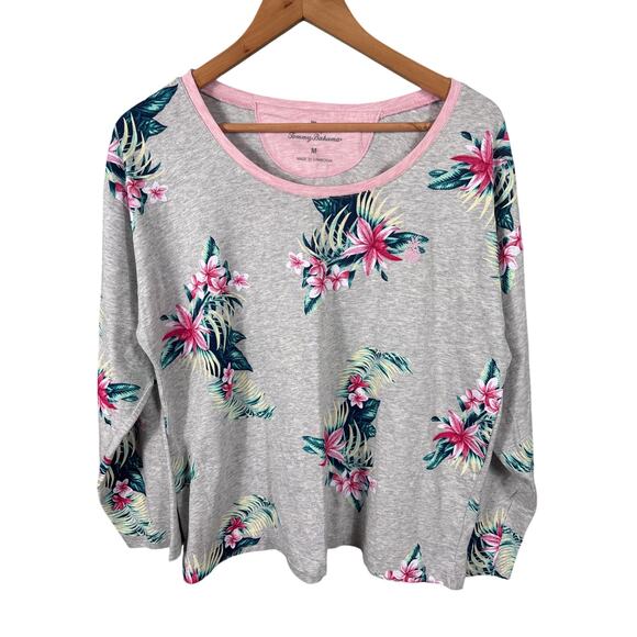 Tommy Bahama Pajama Set Women Medium Gray Floral Crew Neck Long Sleeve Sleepwear - Picture 1 of 12